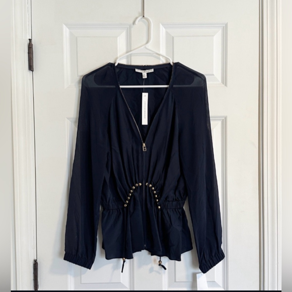 NWT Chelsea and Walker Silk Peplum Blouse in Navy size US6